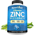 Frasco frontal de Nutrivein Gluconato de zinc 100 mg, presentación de 120 cápsulas vegetales.