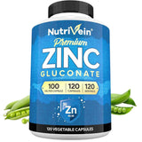 Frasco frontal de Nutrivein Gluconato de zinc 100 mg, presentación de 120 cápsulas vegetales.