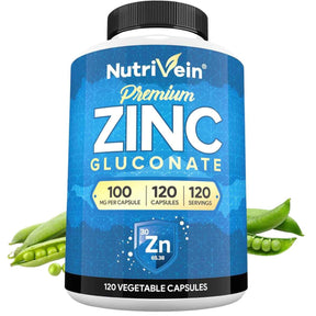 Frasco frontal de Nutrivein Gluconato de zinc 100 mg, presentación de 120 cápsulas vegetales.