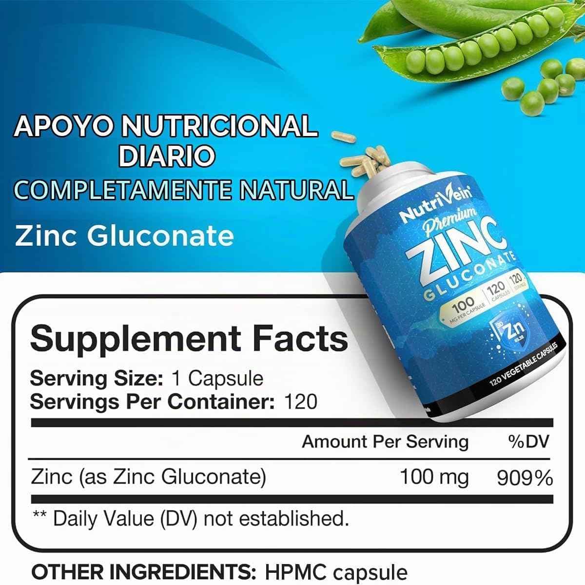 Información del suplemento de Nutrivein Gluconato de zinc con 100 mg de zinc por cápsula y 120 porciones.