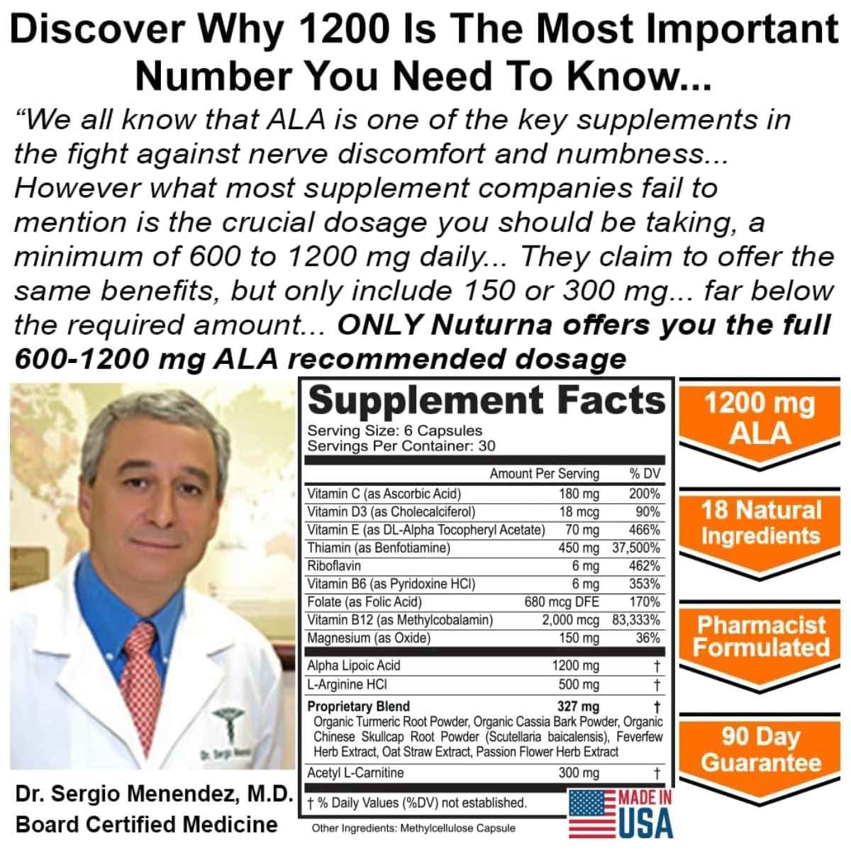 Tabla nutricional del suplemento Nuturna Ácido Alfa Lipoico 180 cápsulas