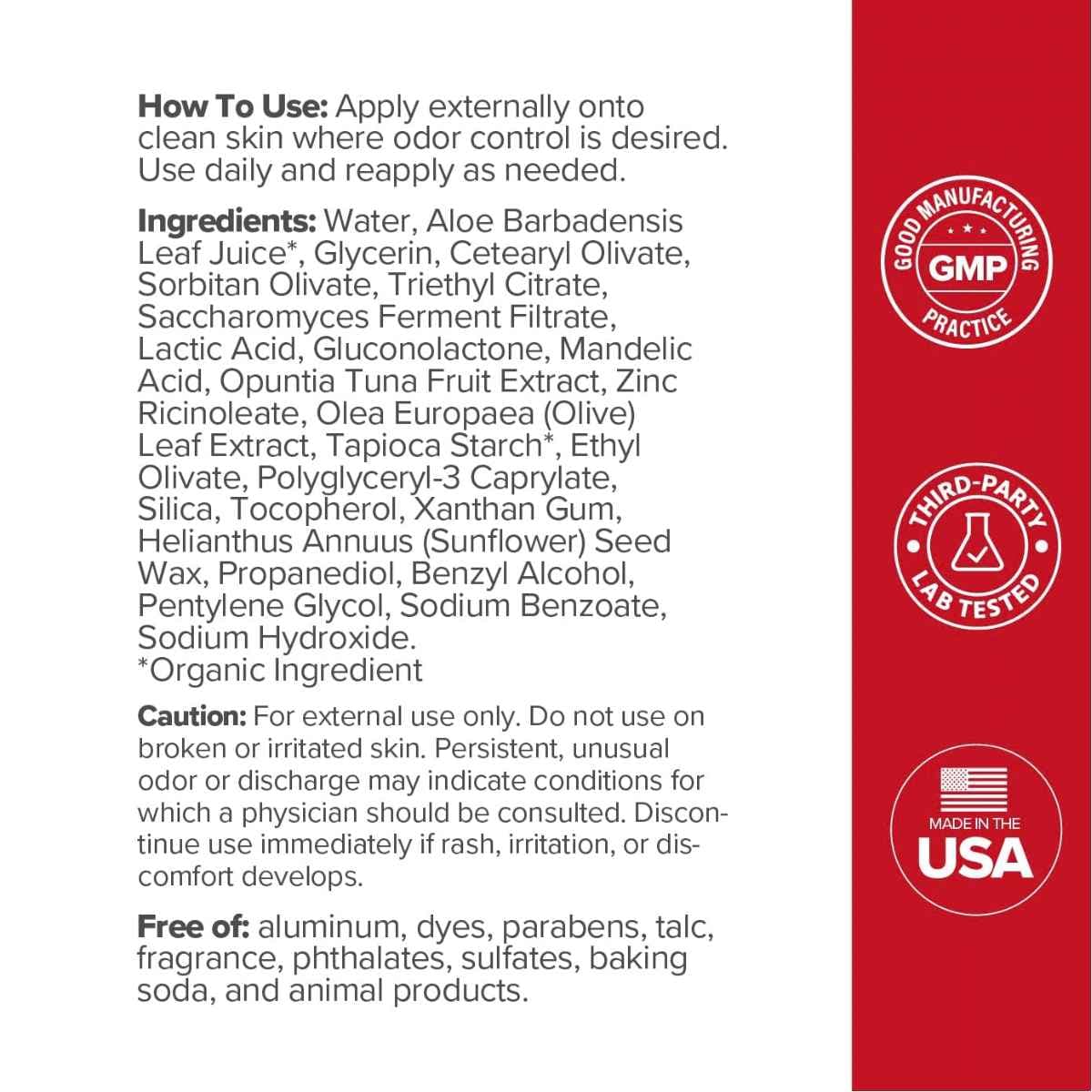 Etiqueta de O Positiv URO desodorante íntimo con modo de uso, ingredientes, advertencias y características de la fórmula.