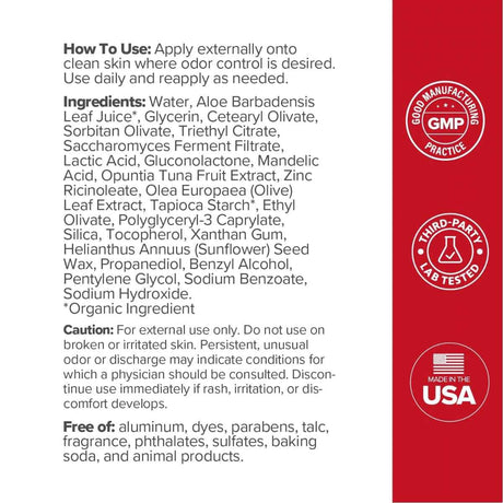 Etiqueta de O Positiv URO desodorante íntimo con modo de uso, ingredientes, advertencias y características de la fórmula.