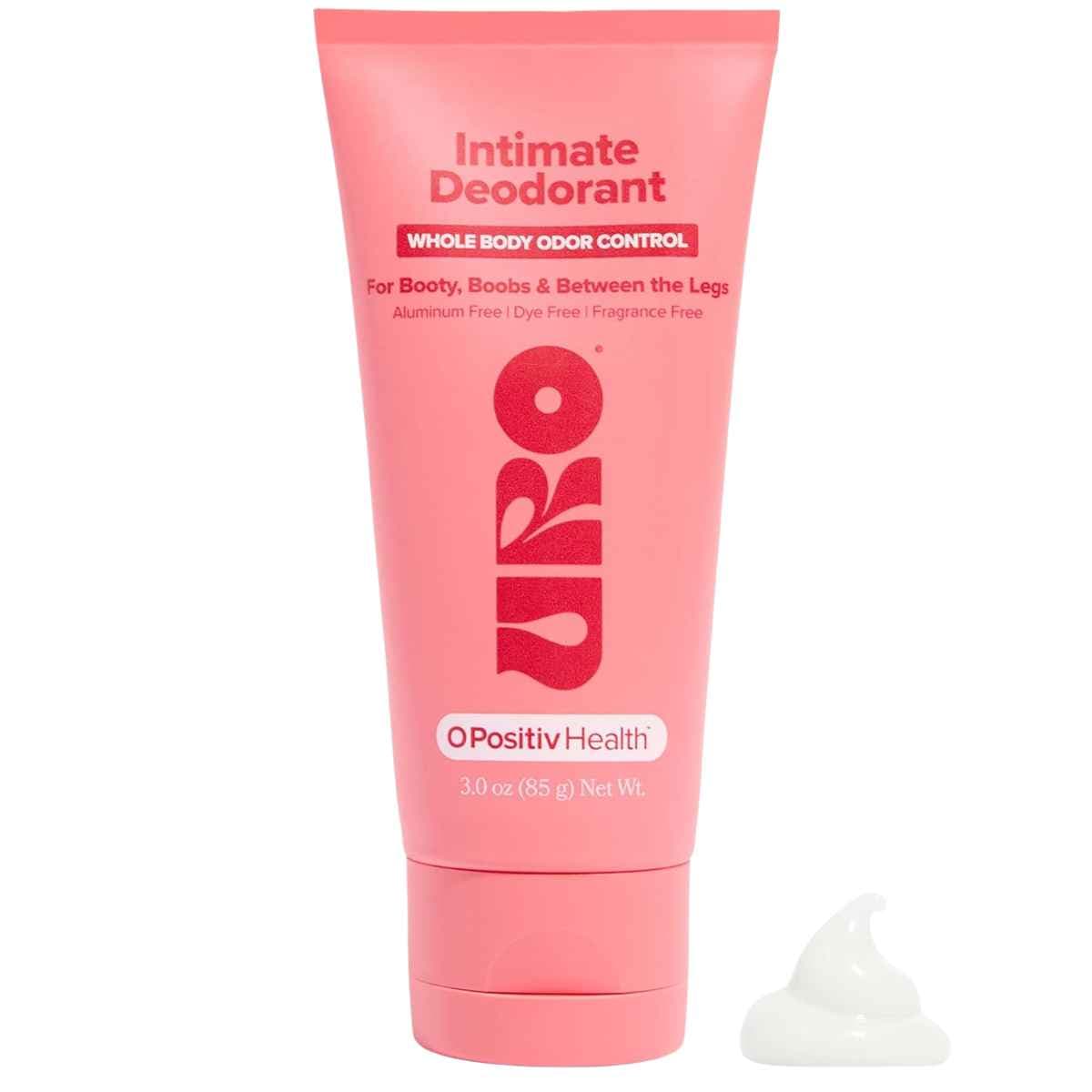 Tubo frontal de O Positiv URO desodorante íntimo sin fragancia, presentación de 85 g.
