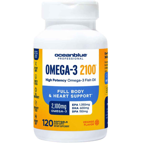 Frasco frontal de Oceanblue Omega-3 2100 aceite de pescado de 2100 mg por porción y 120 cápsulas blandas.