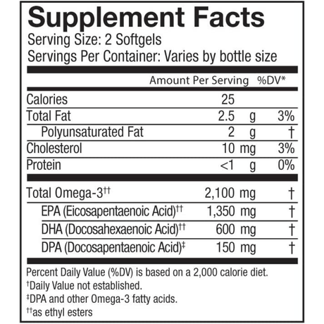 Información del suplemento de Oceanblue Omega-3 2100 aceite de pescado con 2100 mg de omega 3 por porción y 180 cápsulas blandas.
