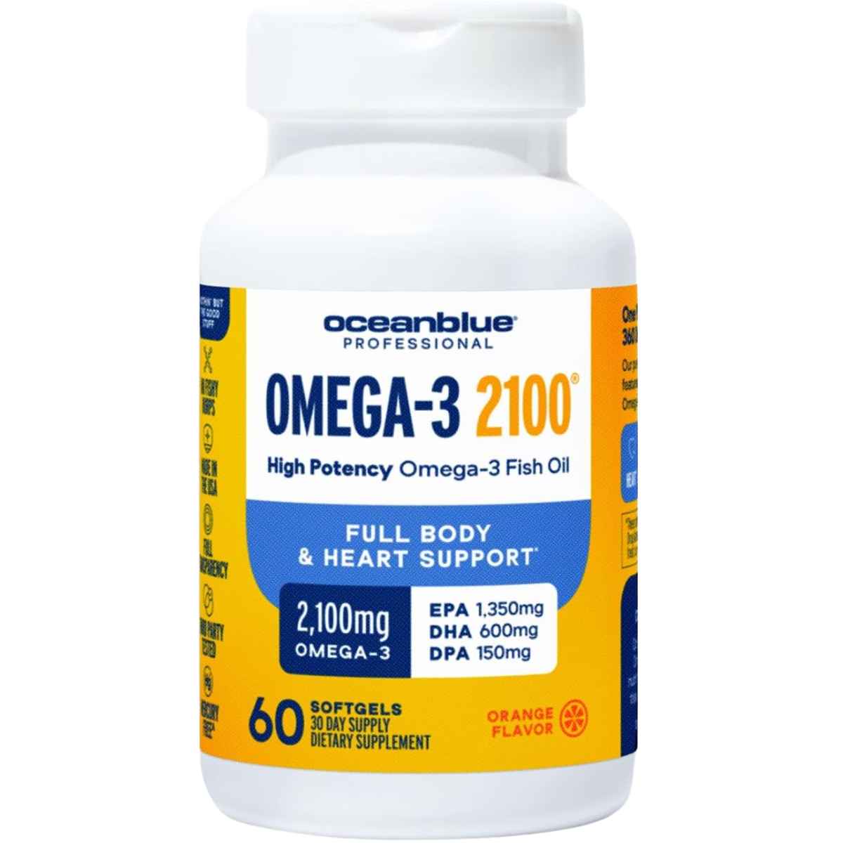 Frasco frontal de Oceanblue Omega-3 2100 aceite de pescado con 2100 mg por porción y 60 cápsulas blandas sabor naranja.