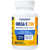 Frasco frontal de Oceanblue Omega-3 2100 aceite de pescado con 2100 mg por porción y 60 cápsulas blandas sabor naranja.