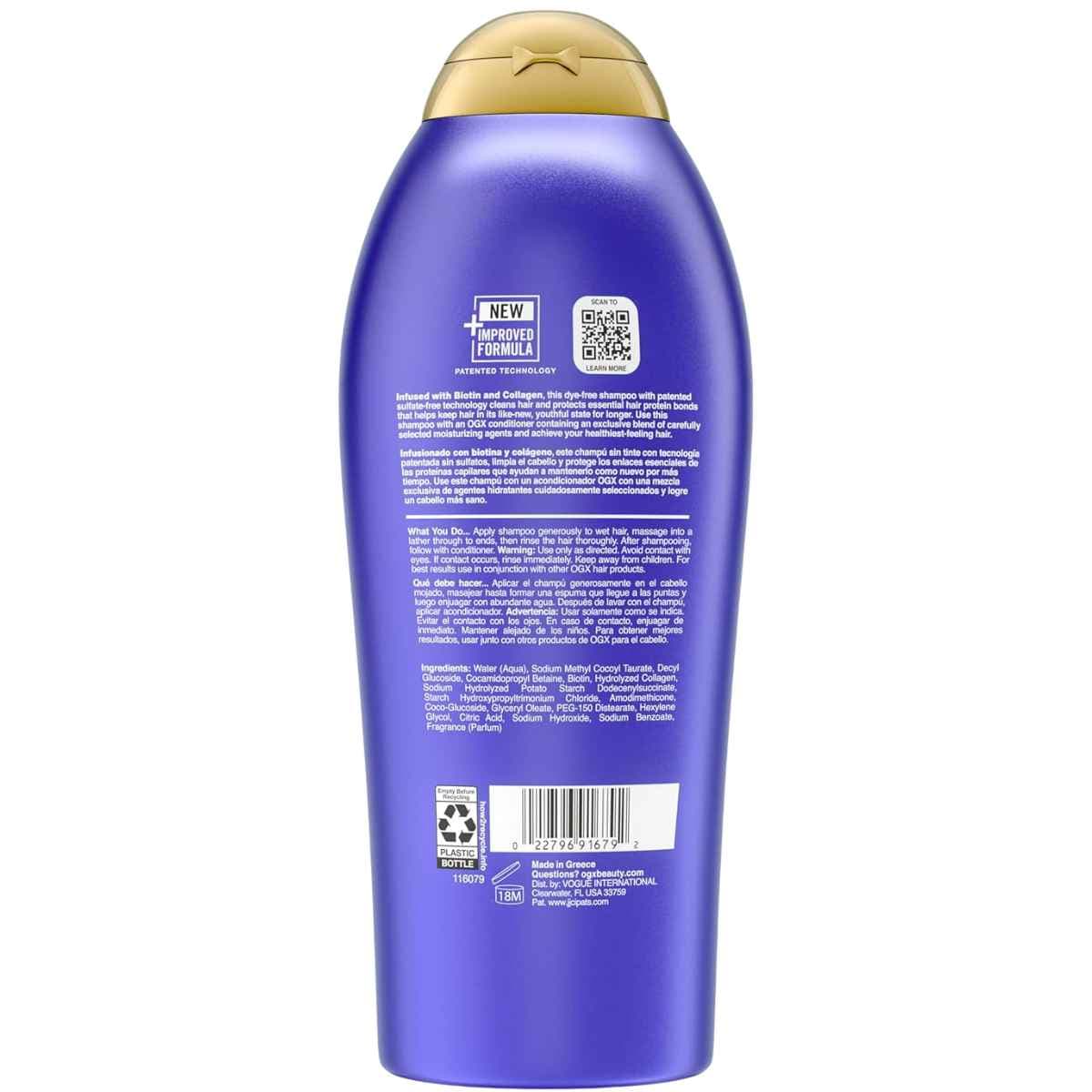 Etiqueta con información del shampoo OGX Biotina y Colágeno Thick & Full+ 750 ml