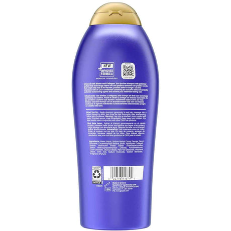 Etiqueta con información del shampoo OGX Biotina y Colágeno Thick & Full+ 750 ml