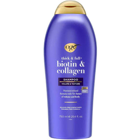 Botella de shampoo OGX Biotina y Colágeno Thick & Full+ 750 ml