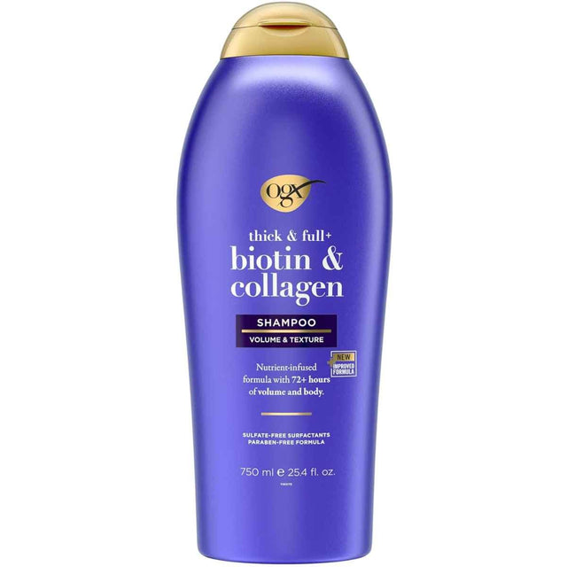 Botella de shampoo OGX Biotina y Colágeno Thick & Full+ 750 ml