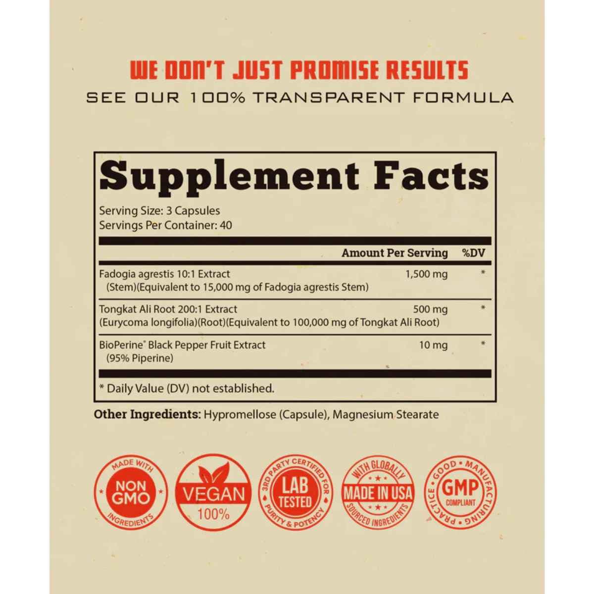 Tabla nutricional del suplemento Old School Labs Fadogia Agrestis con Tongkat Ali 120 Cápsulas