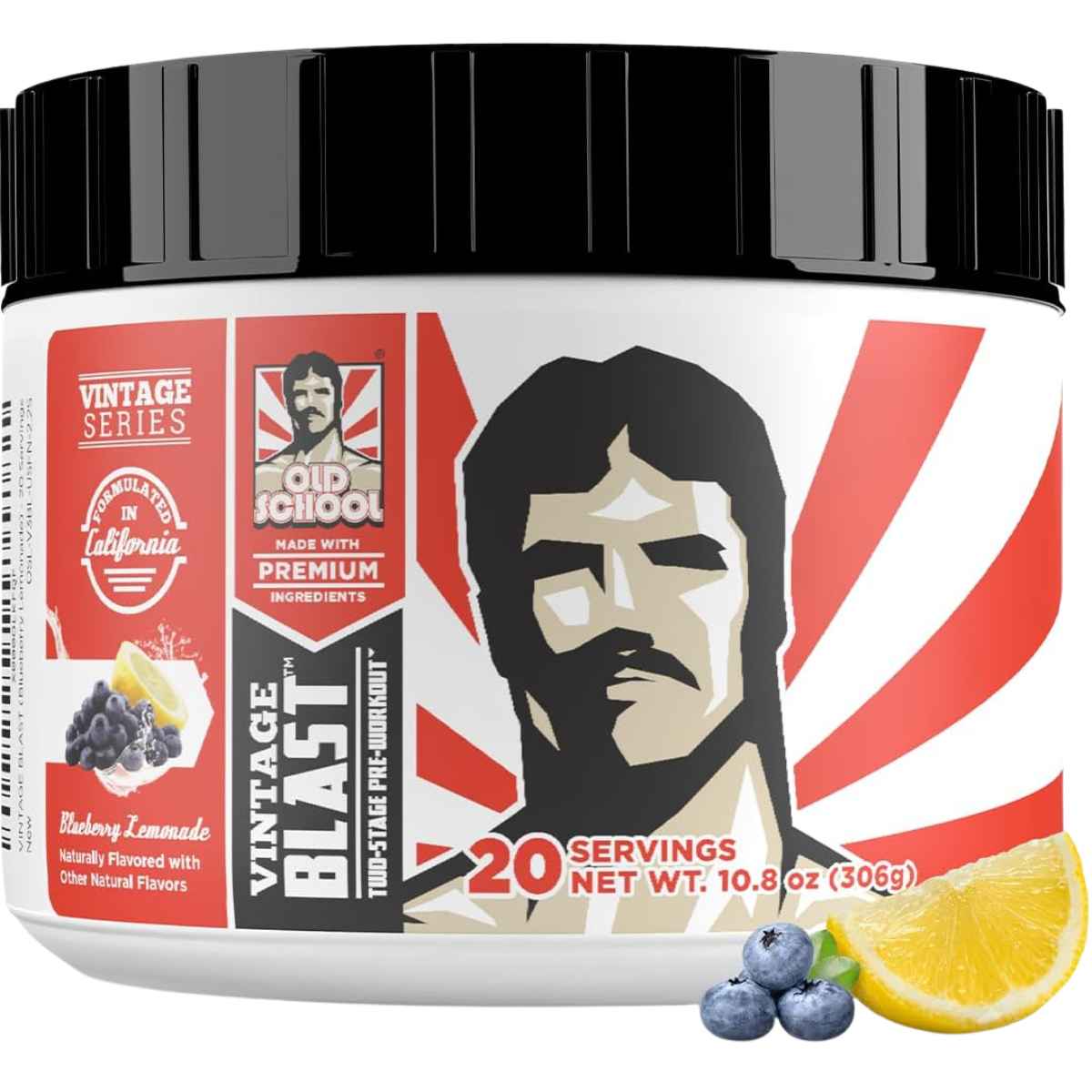 Frasco de suplemento Old School Labs Vintage Blast Pre-Entreno Mora Azul Limonada 10.8 oz