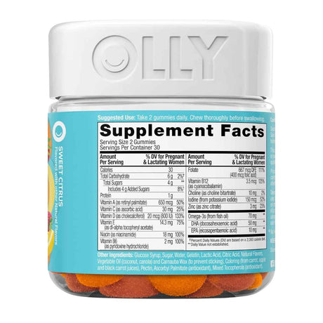 Etiqueta Supplement Facts del multivitamínico prenatal OLLY de 60 gomitas