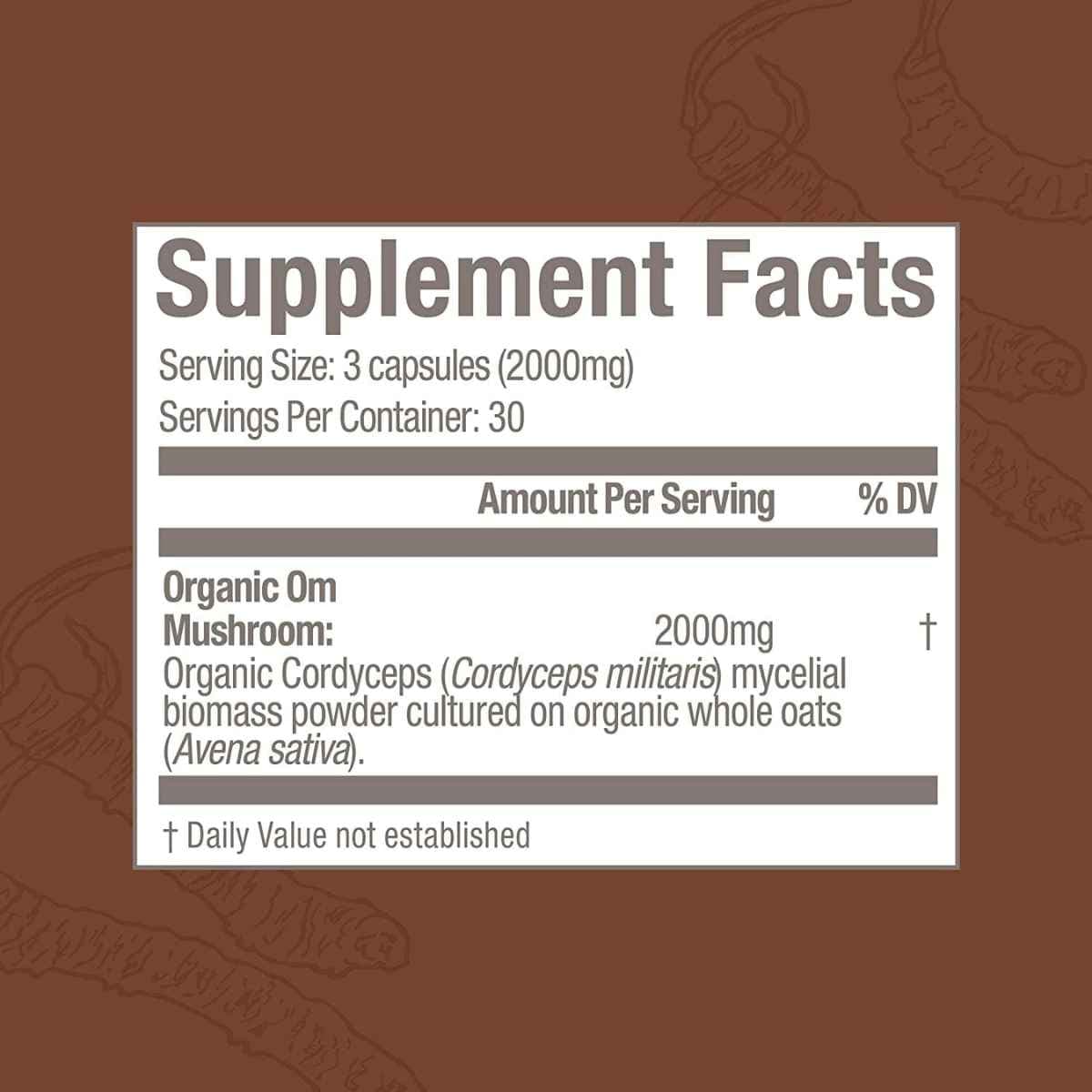 Tabla nutricional del suplemento Om Superalimento de Hongo Cordyceps 2000 mg 90 cápsulas