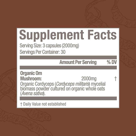 Tabla nutricional del suplemento Om Superalimento de Hongo Cordyceps 2000 mg 90 cápsulas