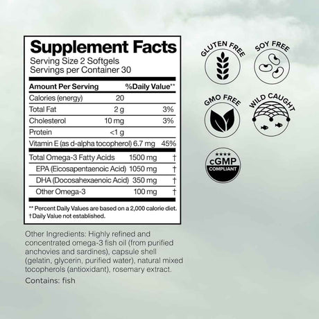 Tabla de información del suplemento Omax3 Omega 3 1500 mg