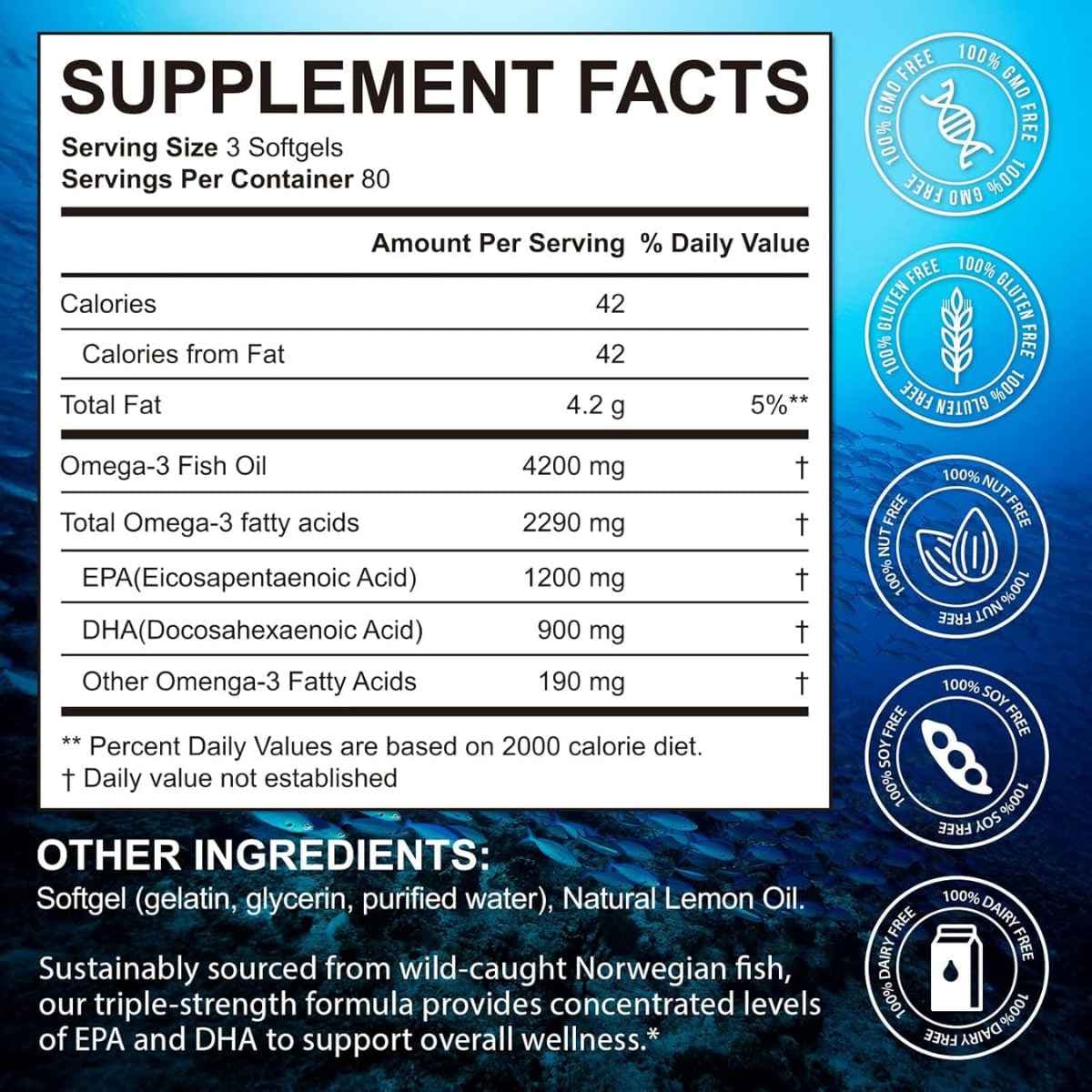 Tabla nutricional omega 3 aceite de pescado con EPA 1200 mg y DHA 900 mg por porción