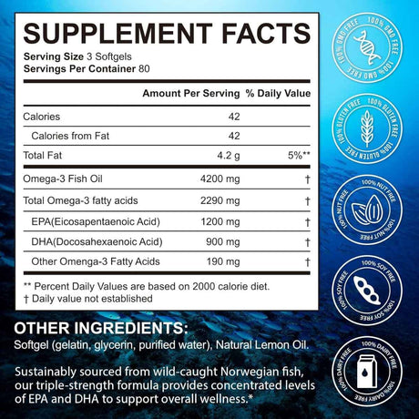 Tabla nutricional omega 3 aceite de pescado con EPA 1200 mg y DHA 900 mg por porción