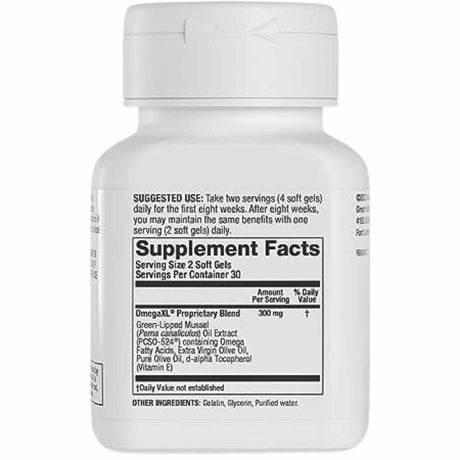 Información del suplemento de OmegaXL con mezcla propietaria de 300 mg por porción de 2 cápsulas blandas.