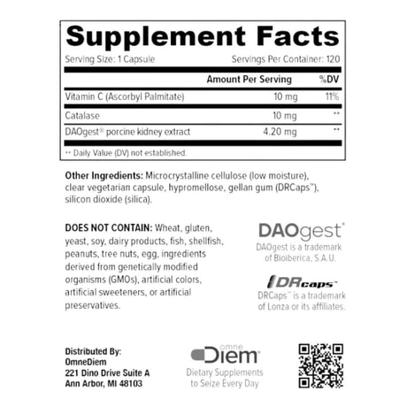 Información del suplemento de OmneDiem Histamine Digest de 120 cápsulas con vitamina C, catalasa y DAOgest