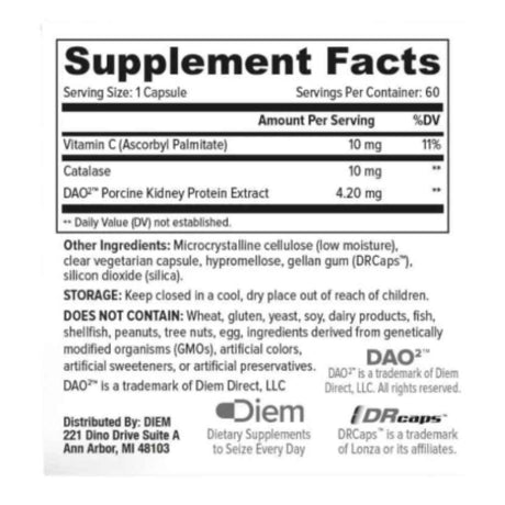Información del suplemento de OmneDiem Histamine Digest de 60 cápsulas con vitamina C, catalasa y DAO