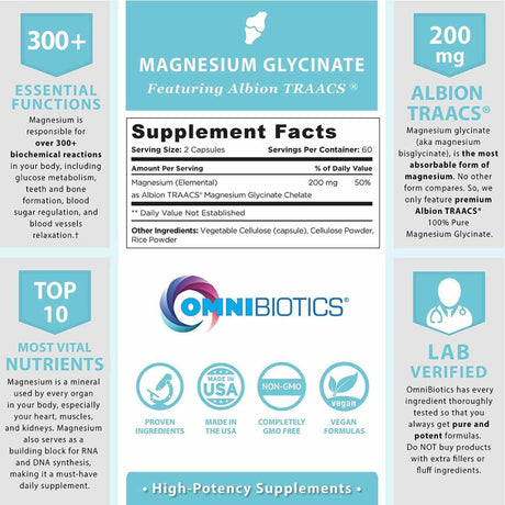 Etiqueta Supplement Facts de OmniBiotics glicinato de magnesio 200 mg