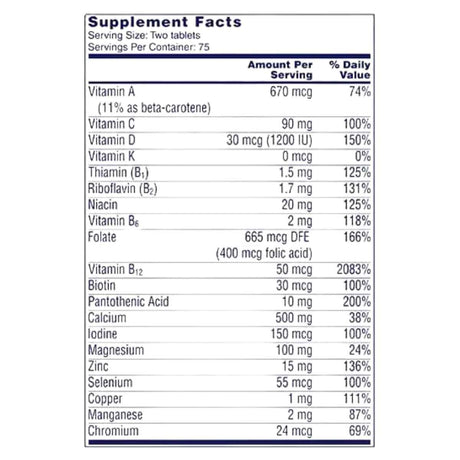 Tabla nutricional del suplemento One A Day Multivitaminas Proactive 65+ 150 tabletas