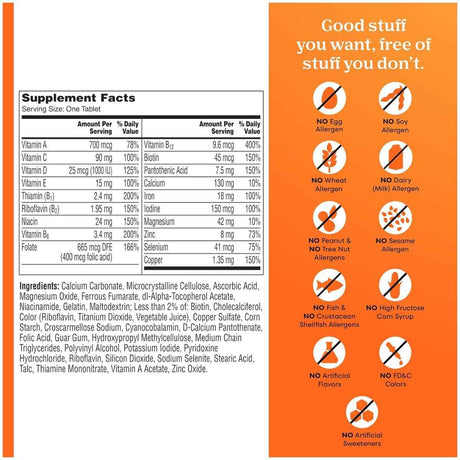 Tabla nutricional del suplemento One A Day Multivitamínico para Mujer 200 Tabletas