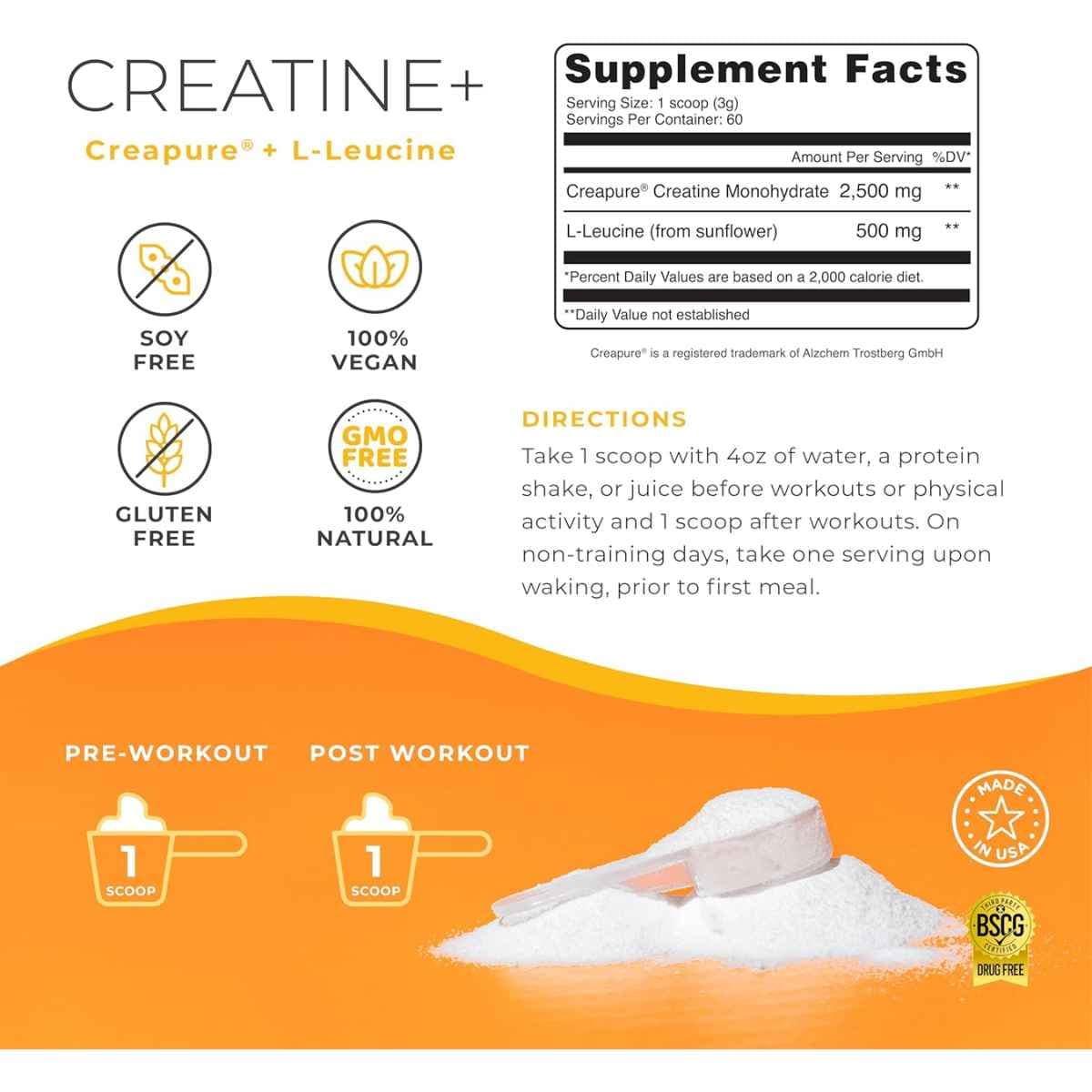 Tabla nutricional del suplemento One Sol Creatina Monohidrato Creapure 180 g