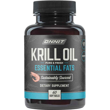 Frasco frontal de ONNIT aceite de krill antártico Omega 3, presentación de 60 cápsulas blandas.