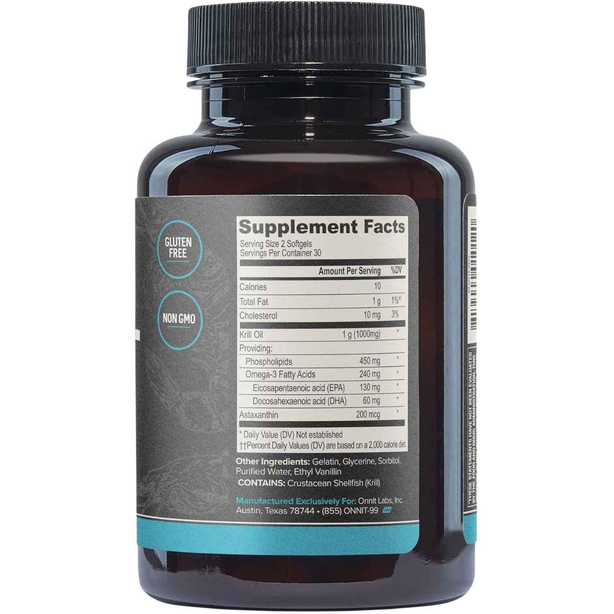 Tabla nutricional de ONNIT aceite de krill antártico Omega 3 con información de porción, ingredientes y alérgenos.