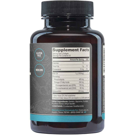 Tabla nutricional de ONNIT aceite de krill antártico Omega 3 con información de porción, ingredientes y alérgenos.