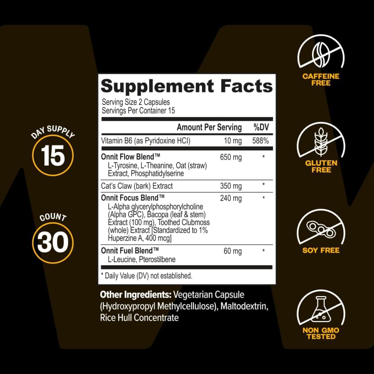 Etiqueta de suplemento de ONNIT Alpha BRAIN en presentación de 30 cápsulas