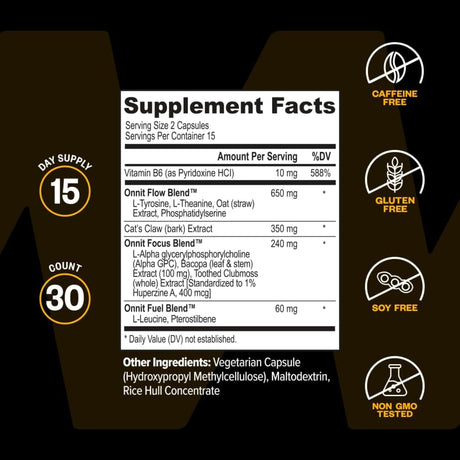 Etiqueta de suplemento de ONNIT Alpha BRAIN en presentación de 30 cápsulas