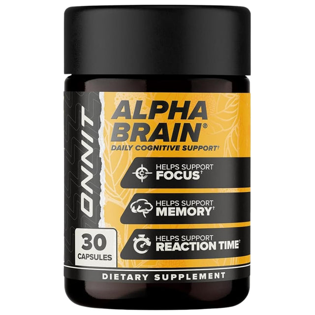 Frasco frontal de ONNIT Alpha BRAIN fórmula nootrópica en presentación de 30 cápsulas
