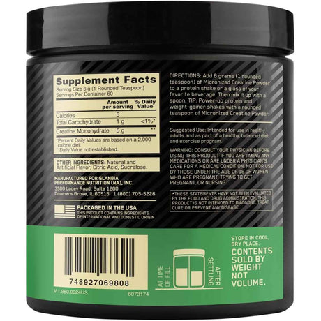 Información del suplemento y posterior de Optimum Nutrition creatina monohidrato 360 g
