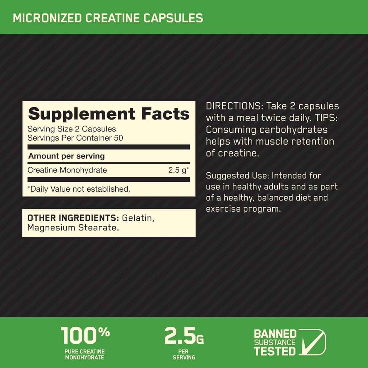 Tabla nutricional del suplemento Optimum Nutrition Monohidrato de Creatina Micronizada 2500 mg 100 Cápsulas