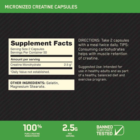 Tabla nutricional del suplemento Optimum Nutrition Monohidrato de Creatina Micronizada 2500 mg 100 Cápsulas