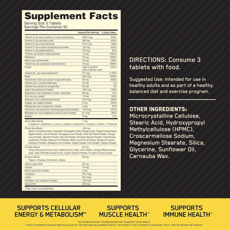 Tabla nutricional del suplemento Optimum Nutrition Opti-Men Multivitamínico 150 Tabletas