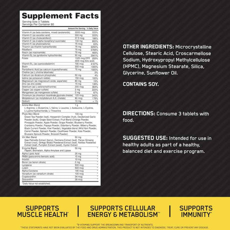 Tabla nutricional del suplemento Optimum Nutrition Opti-Men Multivitamínico 240 Tabletas