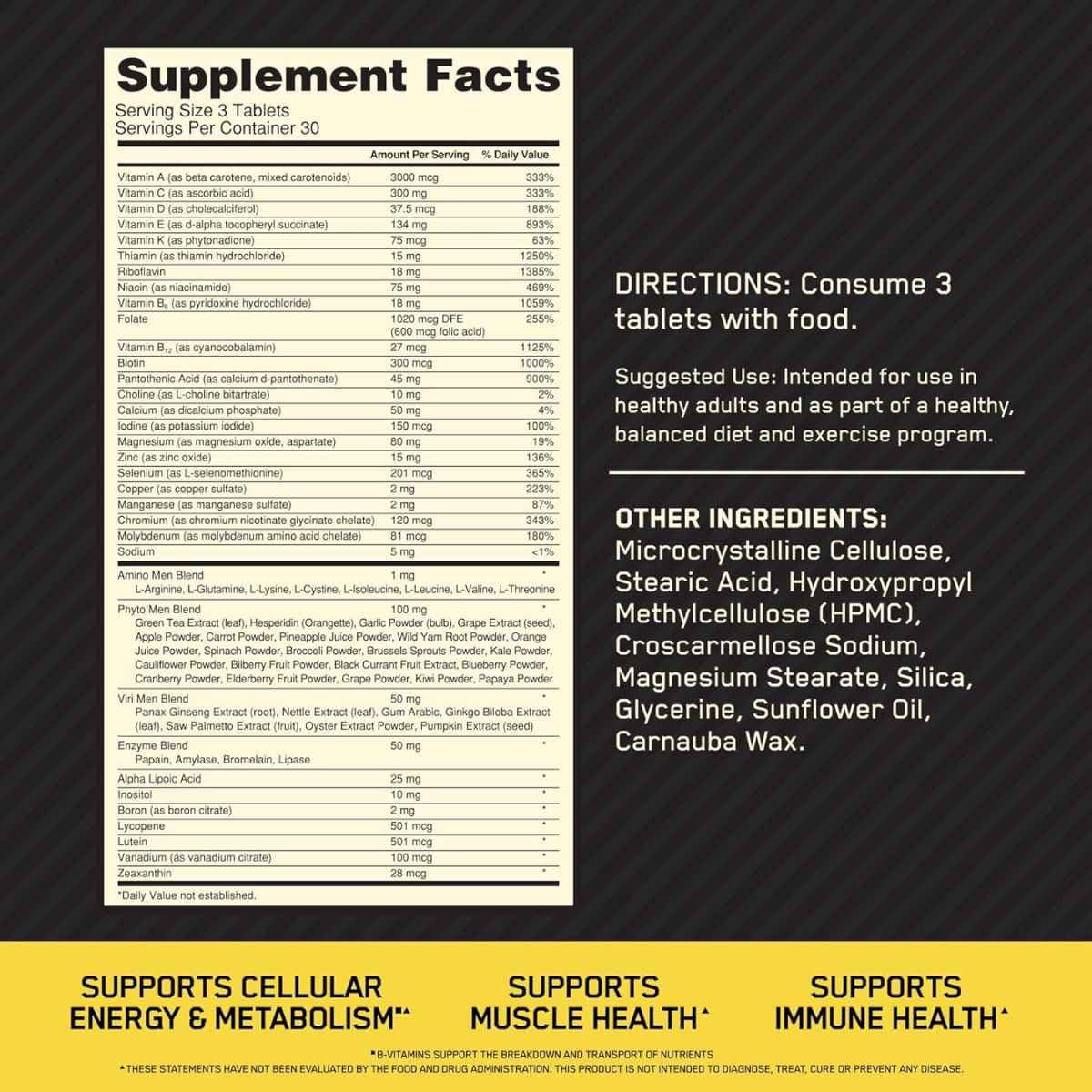 Tabla nutricional del suplemento Optimum Nutrition Opti-Men Multivitamínico 90 Tabletas