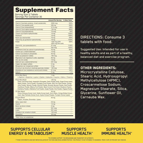 Tabla nutricional del suplemento Optimum Nutrition Opti-Men Multivitamínico 90 Tabletas