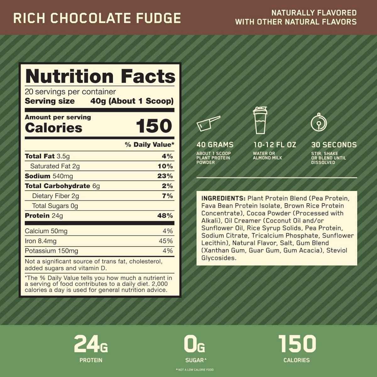 Tabla nutricional del suplemento Optimum Nutrition Proteína Vegetal Gold Standard Chocolate 1.76 lbs