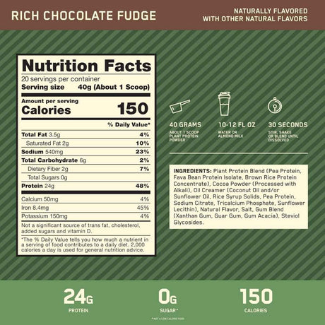 Tabla nutricional del suplemento Optimum Nutrition Proteína Vegetal Gold Standard Chocolate 1.76 lbs