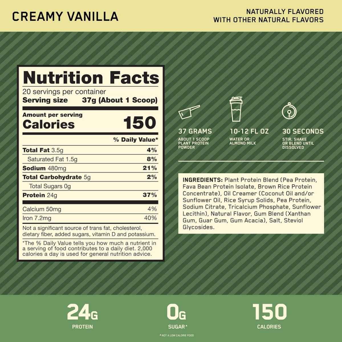 Tabla nutricional del suplemento Optimum Nutrition Proteína Vegetal Gold Standard Vainilla 1.63 lbs