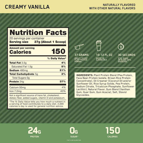 Tabla nutricional del suplemento Optimum Nutrition Proteína Vegetal Gold Standard Vainilla 1.63 lbs
