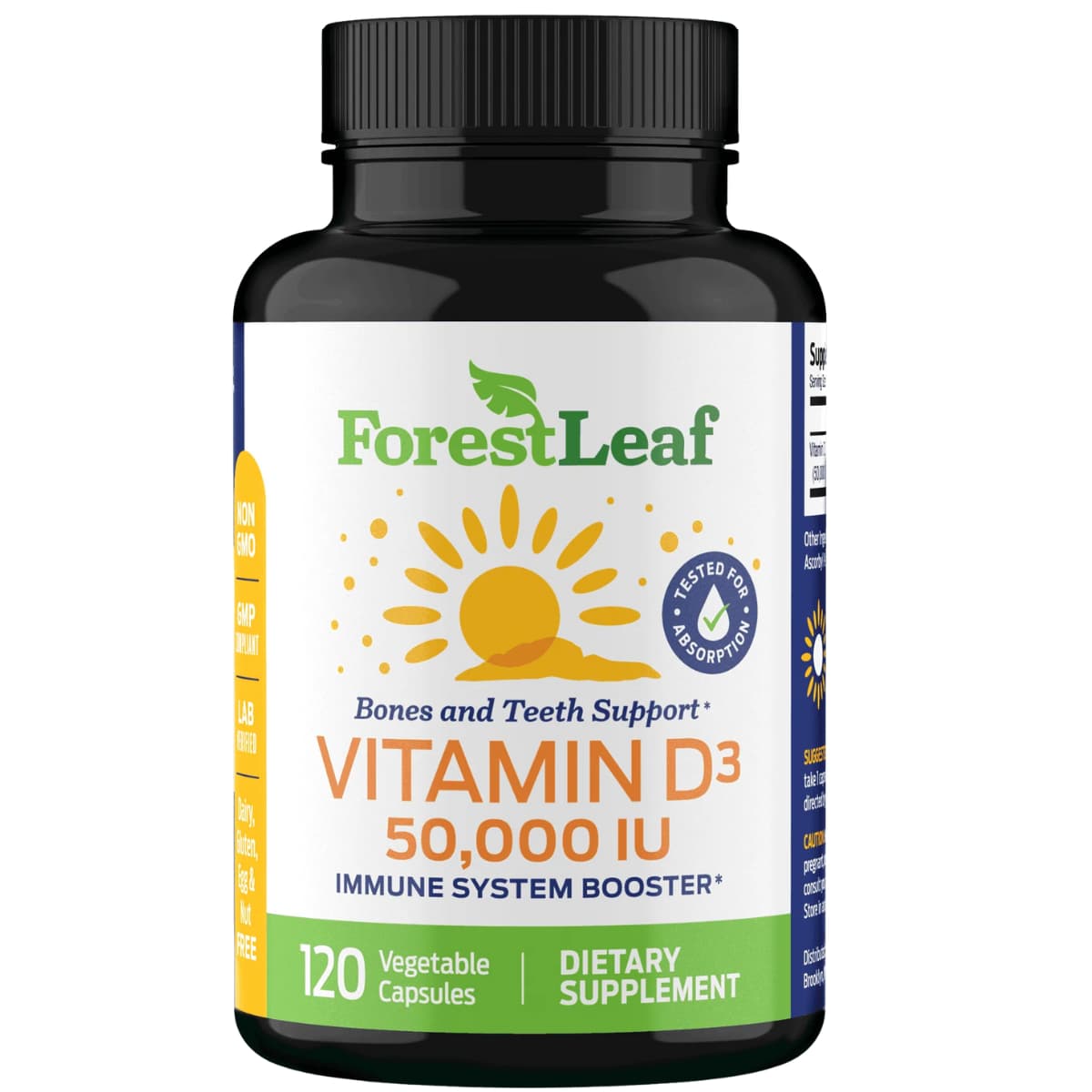 Frasco de suplemento ForestLeaf Vitamina D3 50.000 IU 120 Cápsulas Vegetales