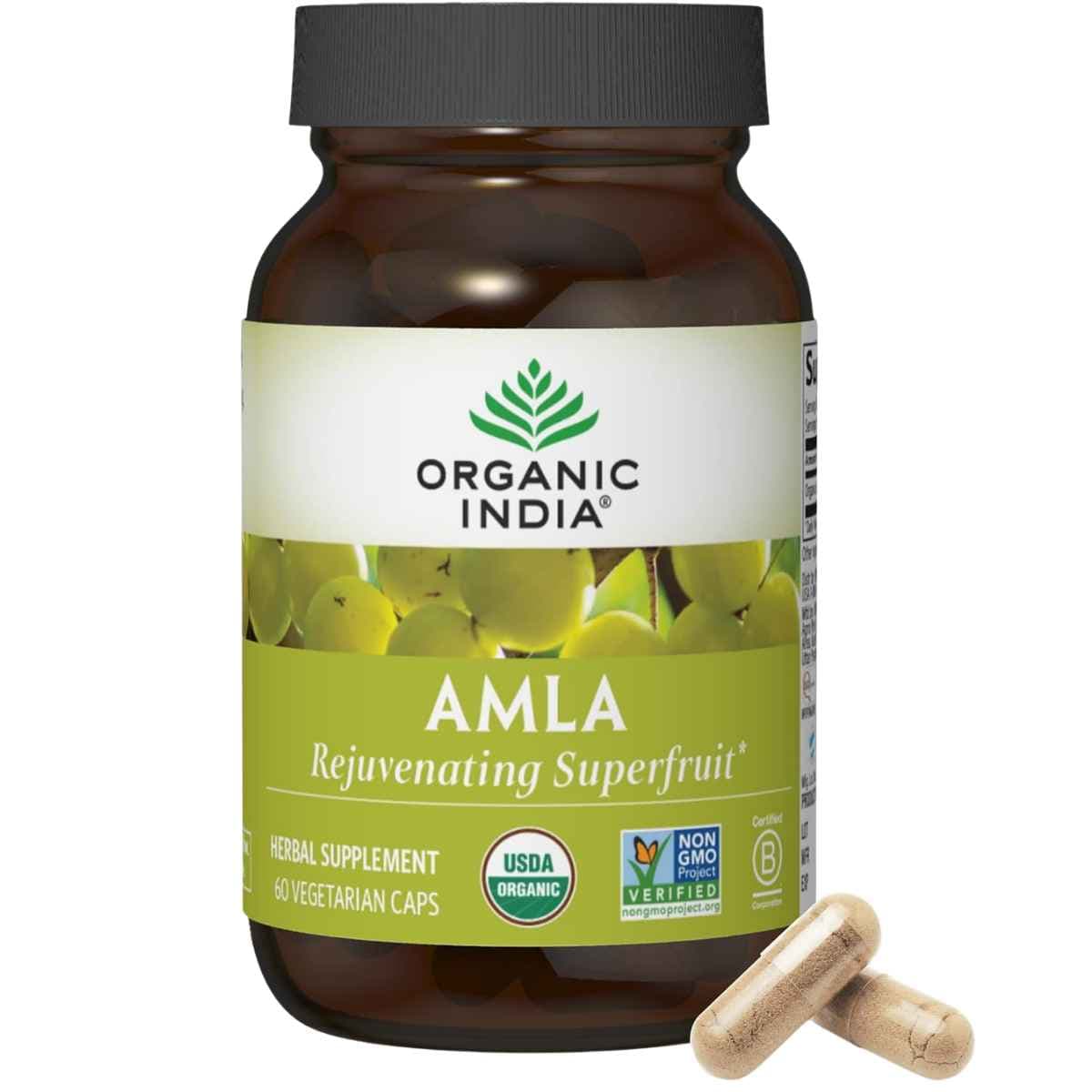 Frasco frontal de ORGANIC INDIA amla orgánica, presentación de 60 cápsulas
